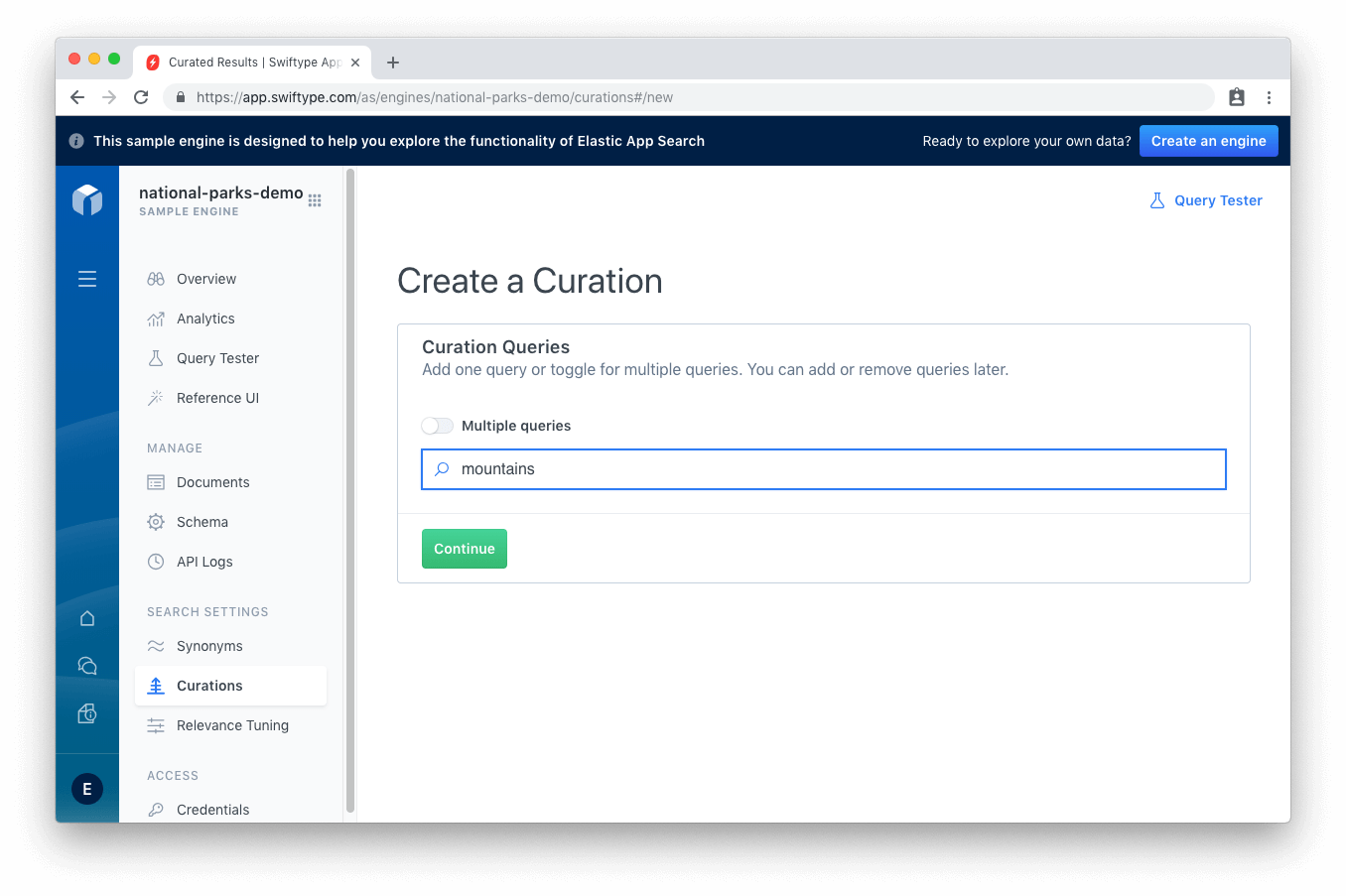 A textbox, wherein you can enter a query to curate. There is a multi query slider, if you want to curate multiple queries.