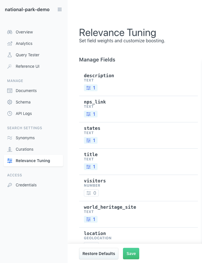 When we click into Relevance Tuning, we will see all of our fields.