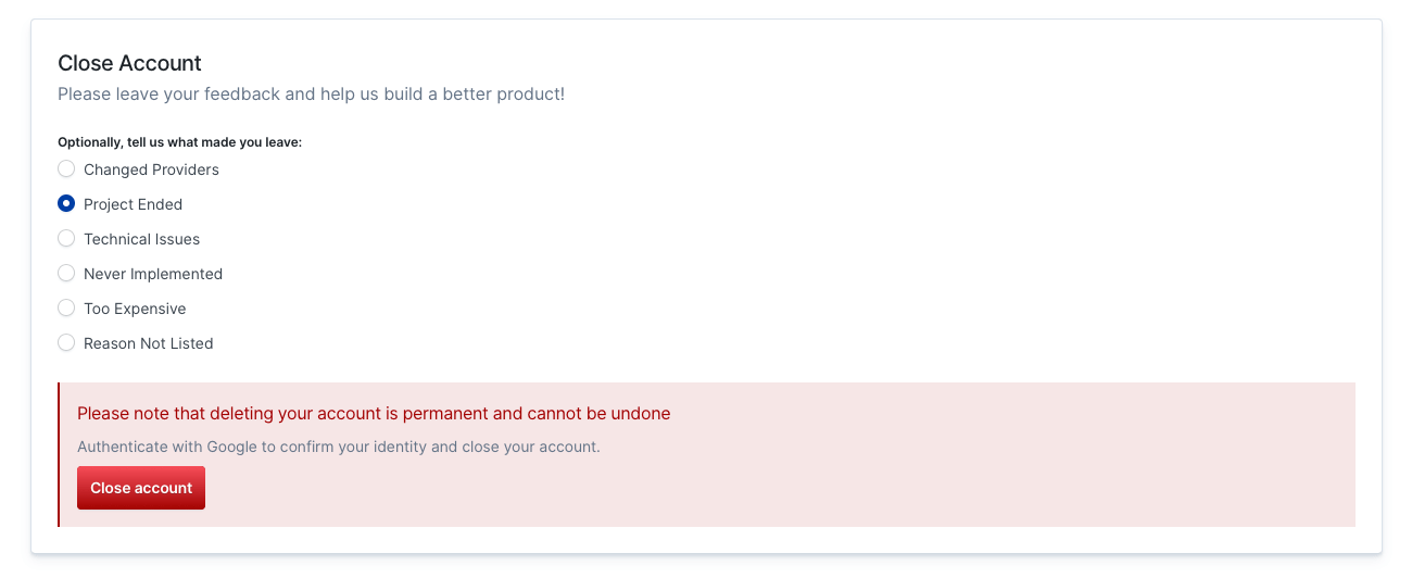 A red button that says Close Account. Clicking it will... hide your shoes! Hehe - nah, it will close your account and delete your engines.