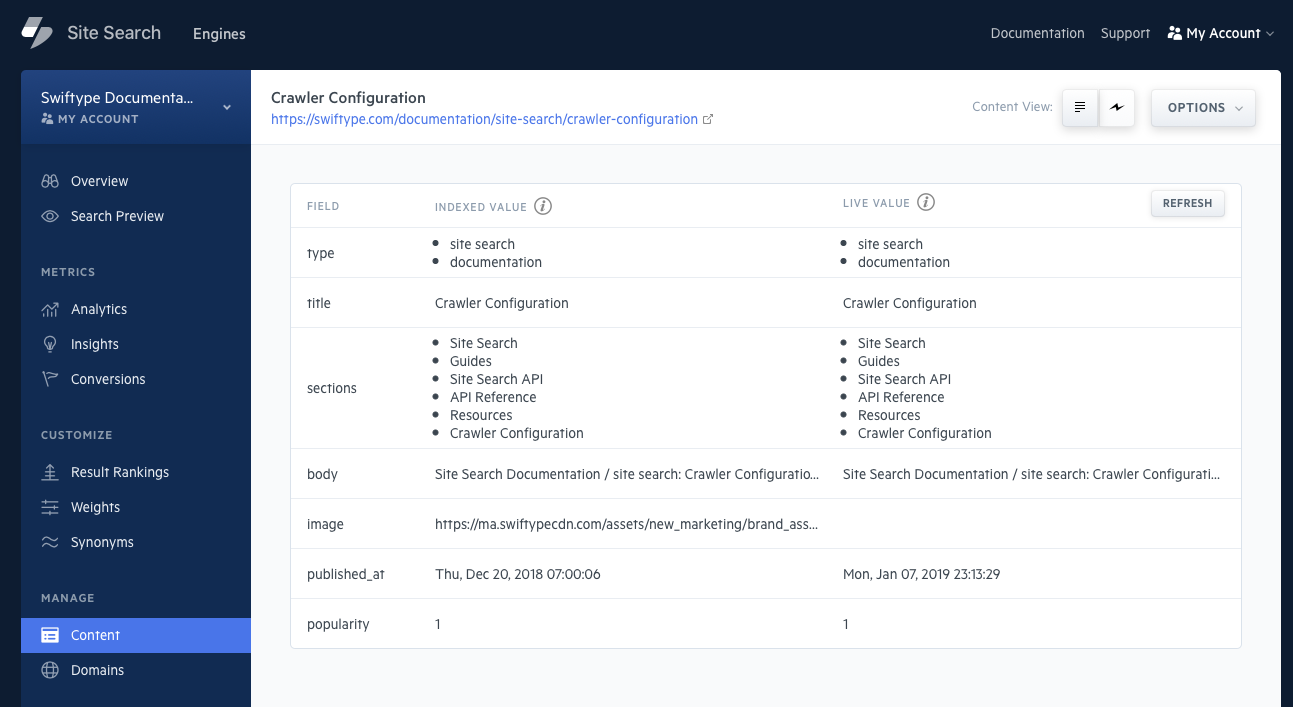 A document from the Site Search document. The Engine's version is on the left and the live version is on the right.