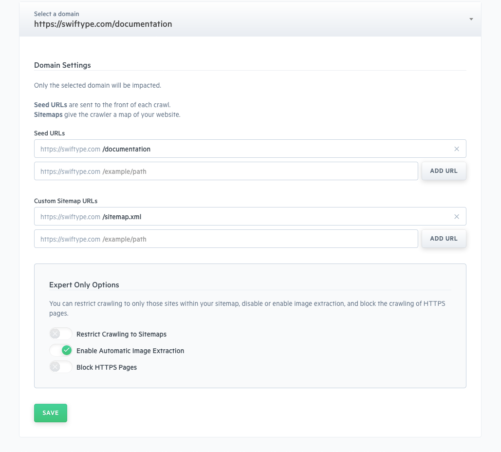 A screenshot of the Advanced Settings screen. Only domains. settings are pictured.