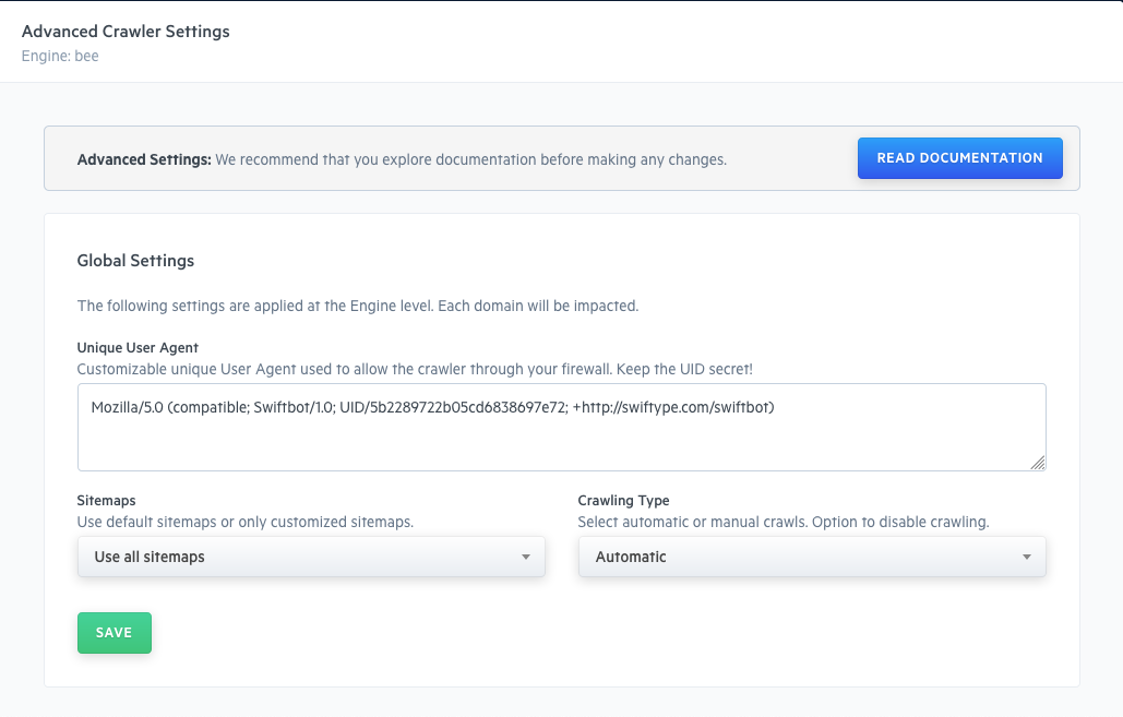 A screenshot of the Advanced Settings screen. Only global settings are pictured.