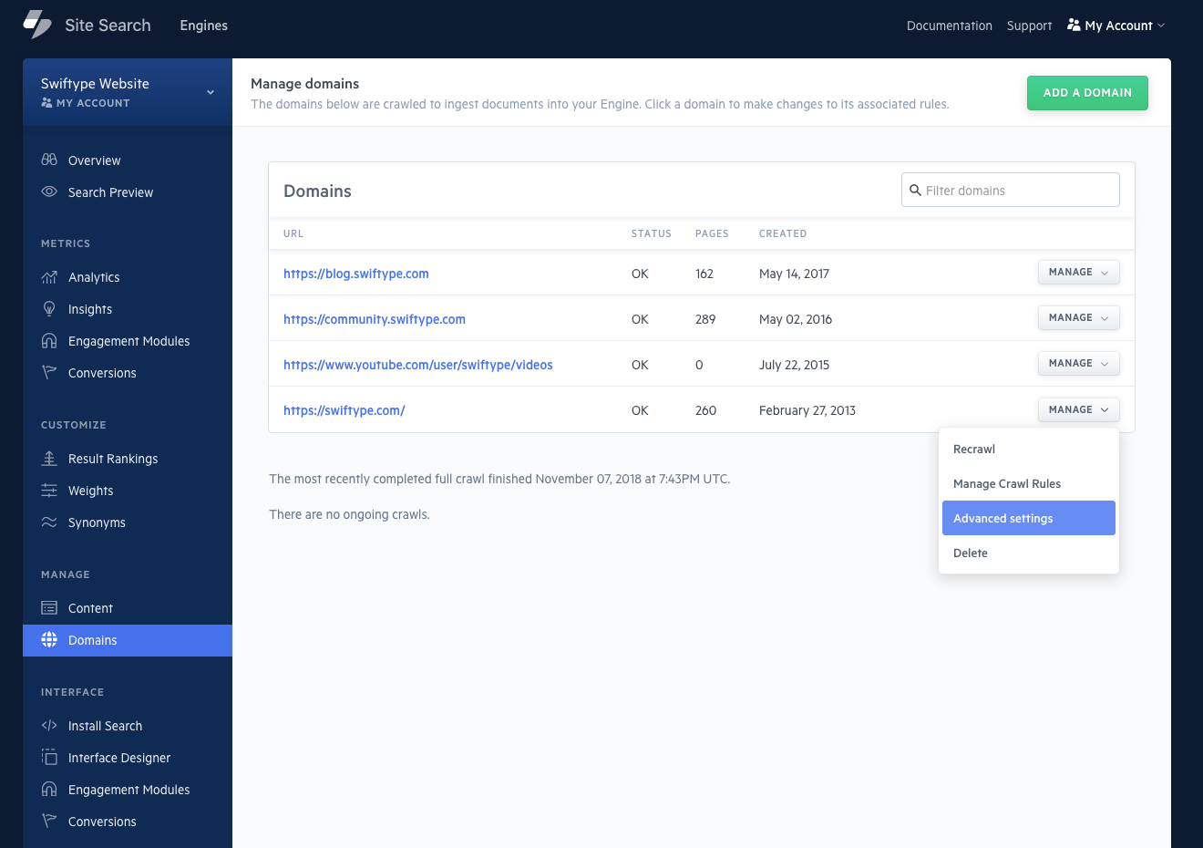 After clicking on domains, a list of your managed domains appears. Clicking the manage drop down reveals four options: recrawl, manage crawl rules, advanced settings, and delete. Advanced settings is selected.