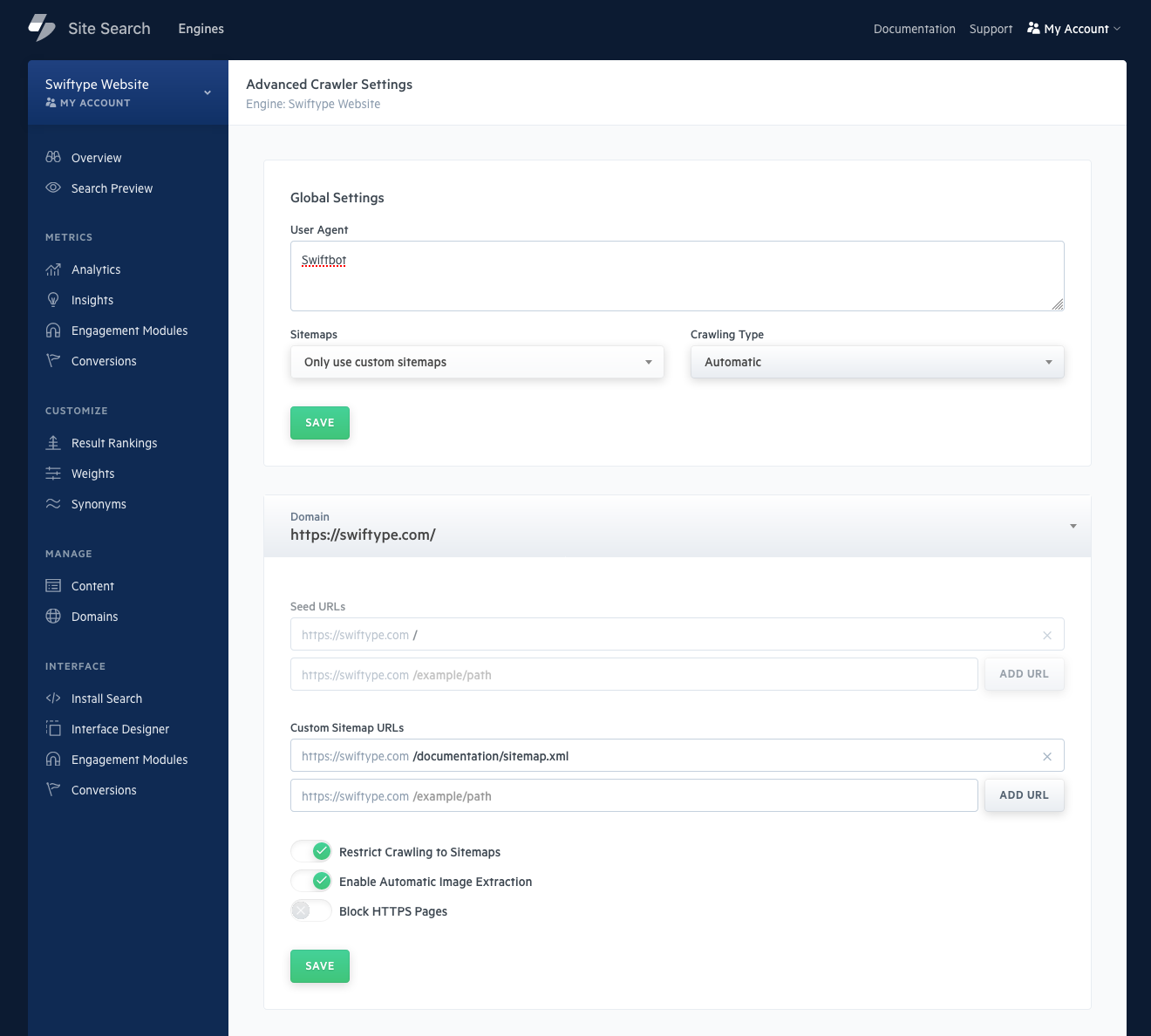 The advanced settings page, the Restrict Crawling to Sitemaps switch is active.