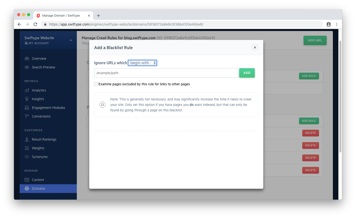 Adding a new rule brings up an input window, which is pictured. The window accepts a string as a path, but then has some important, oft-err'd parameters, which will be defined below.