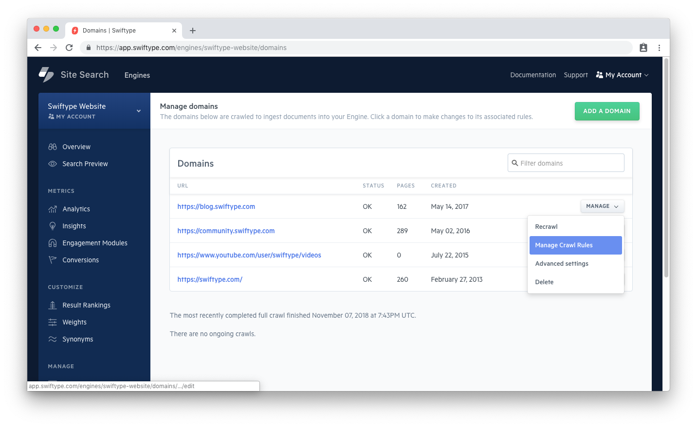 The manage dropdown opens up to reveal Manage Crawl Rules, among other options. Manage Crawl Rules is highlighted.