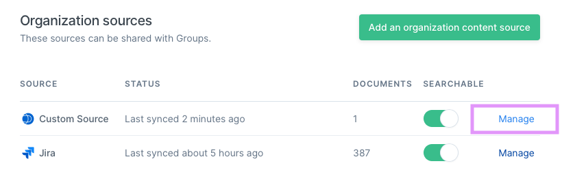 The organization sources view with a pink box over the Manage text.