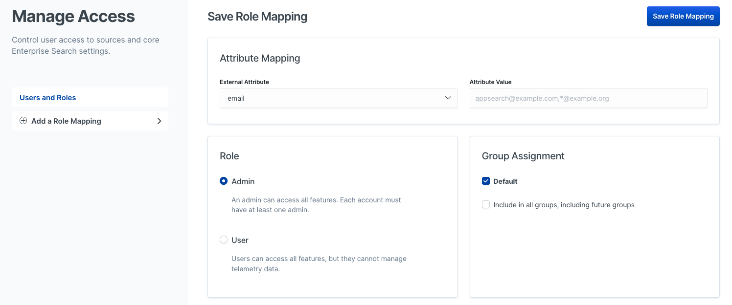 Creating a role mapping between Enterprise Search and Elasticsearch.