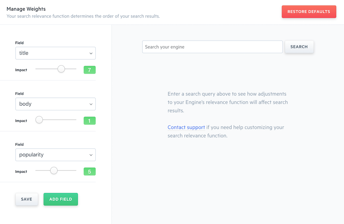 The default field types within the weights drop down menu.