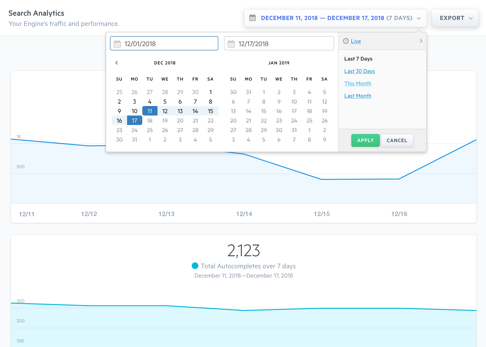 Select from predefined date ranges like past 7 or 30 days, or select your own range up to 90 days.