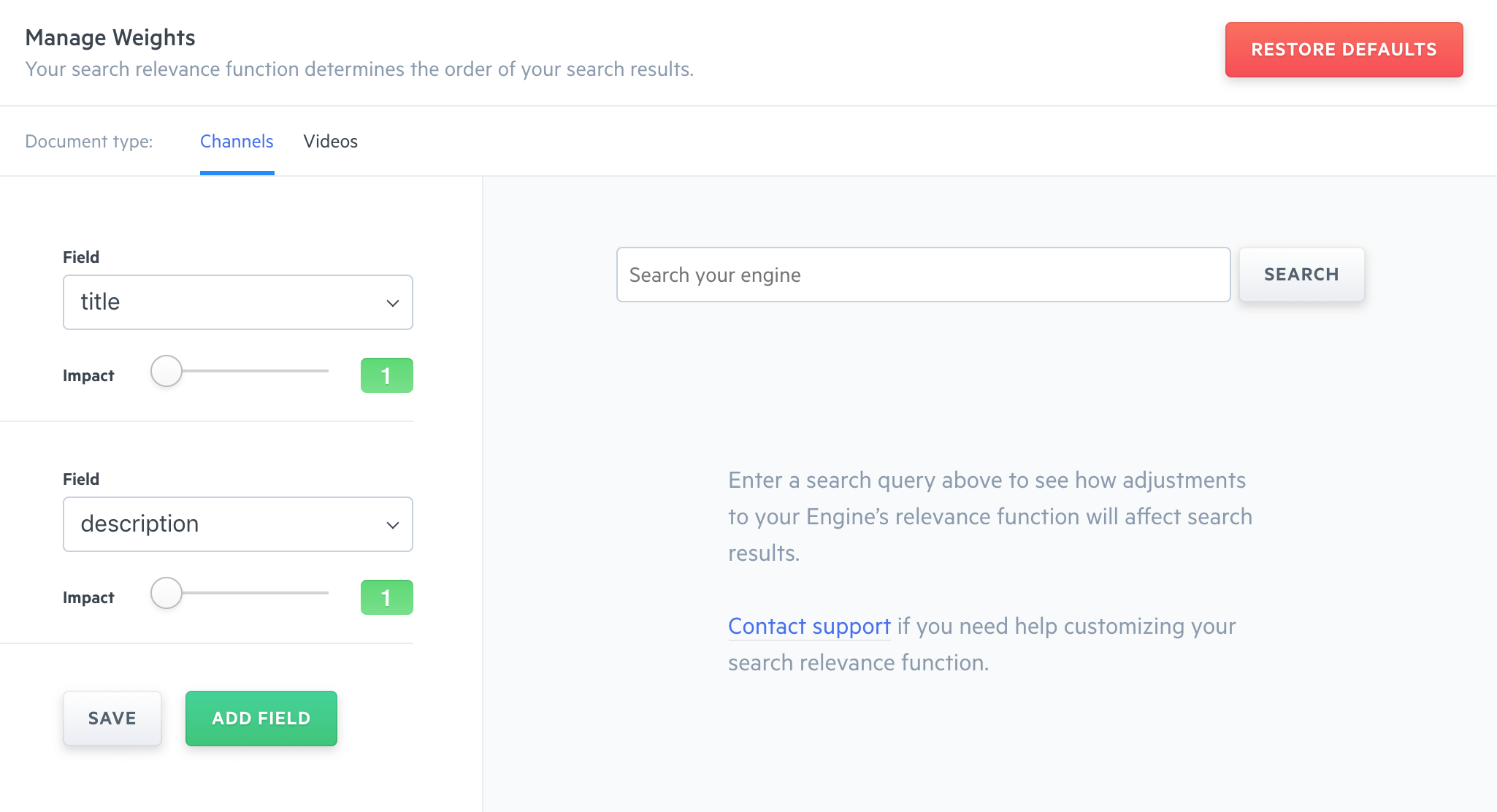 A weights view with channels and video for clickable DocumentTypes.