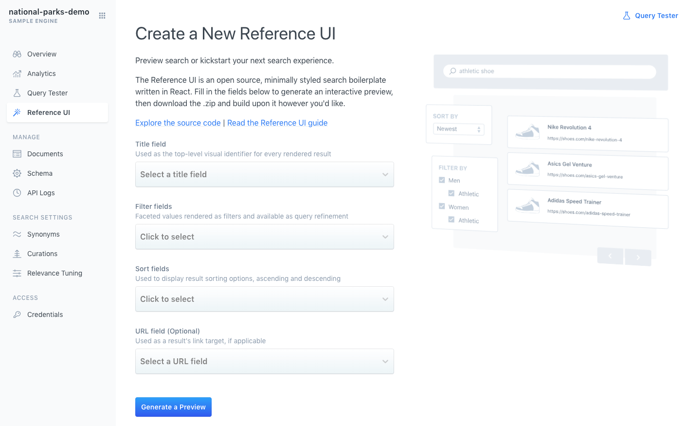 A picture showing the reference UI. It contains fields for: title, facets, sort, and URL. A blurb of text introduces it, the source, or this guide.