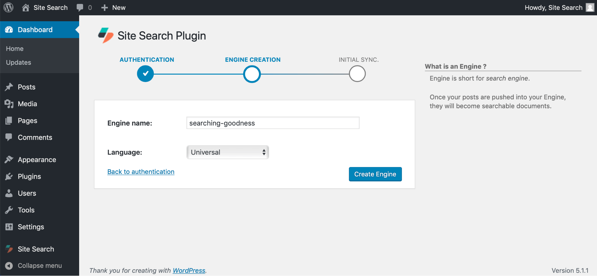 Naming your Engine and choosing a language from Wordpress.